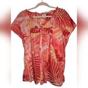 Caribbean Joe tropical leaf print button-up blouse